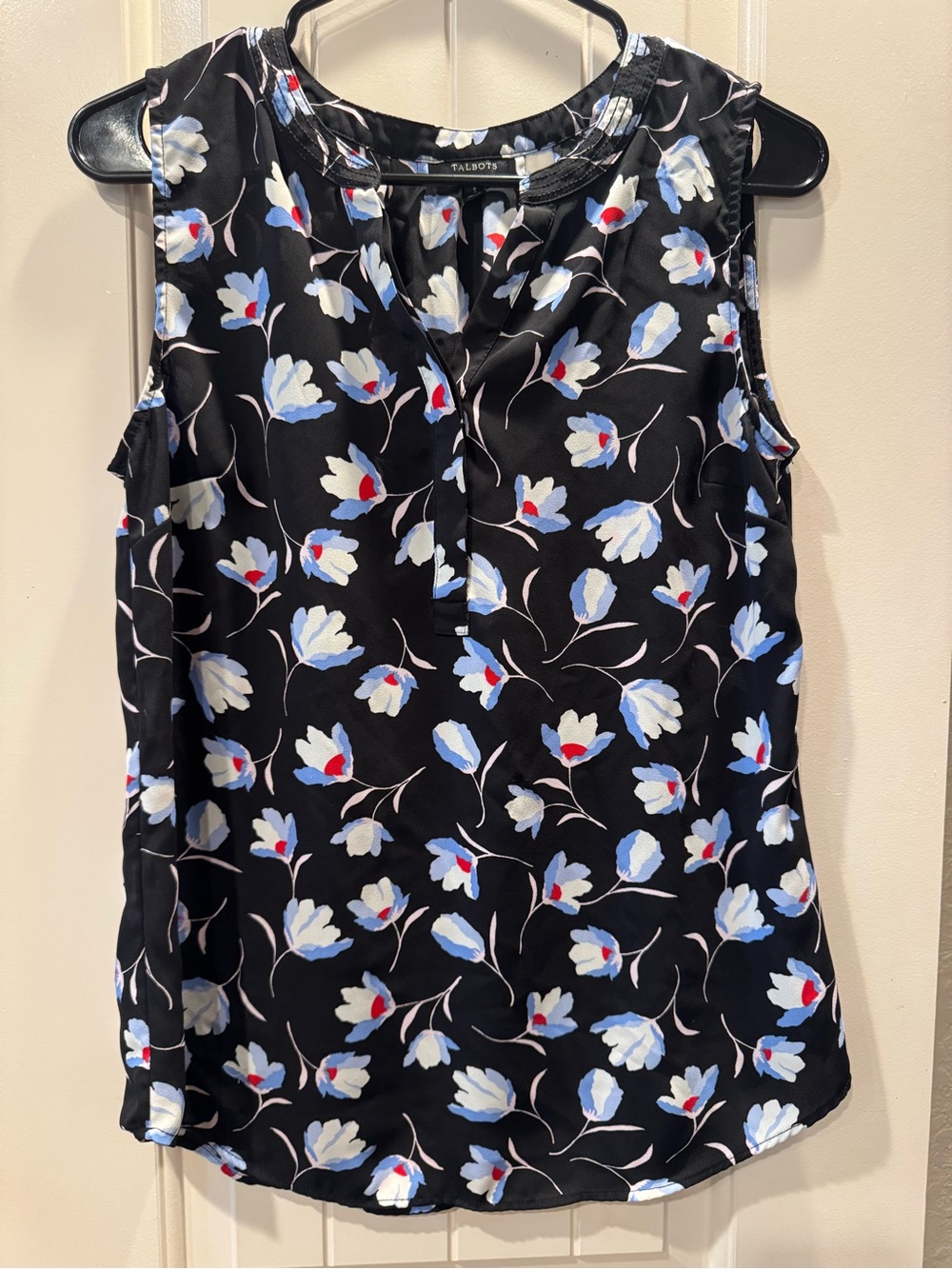 Talbots Black Floral sleeveless blouse with Blue and Red Accents